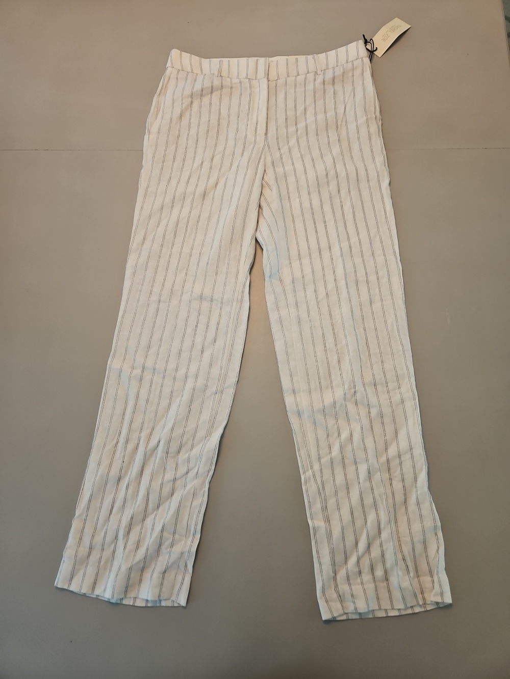 Rachel Zoe White Straight-Leg Linen Pants with Navy Pinstripes